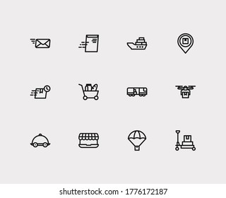 Logistics icons set. Global delivery and logistics icons with fast delivery, delivery address and email. Set of e-commerce for web app logo UI design.