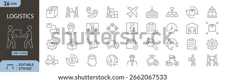 Logistics icons set. Includes icons for delivery, cargo, shipping, warehouse, truck, parcel, tracking, freight, inventory, and distribution. Editable stroke. Line icons. Perfect for infographics.