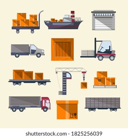 Juego de iconos de logística. Cajas de carga aisladas, almacén, camión de transporte, paleta, elevadores de horquilla. Almacenamiento de mercancías, recogida de distribución. Ilustración de vectores de logística y envío