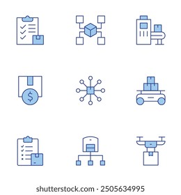 Logistics icons set. Line Duotone style, editable stroke. clipboard, conveyor, warehouse, invest, inventory, drone delivery, distribution, logistic, hub.