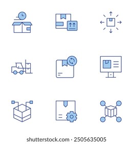 Logistiksymbole festgelegt. Linienduotonstil, bearbeitbarer Strich. verteilt, Timer, Verteilung, Gabelstapler, Tracking, Produktion, Produkt, diese Seite nach oben.