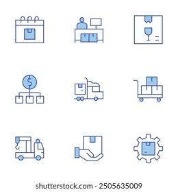 Logistics icons set. Line Duotone style, editable stroke. pick, logistics, logistic, shipping, value chain, fragile, tow truck, trolley.