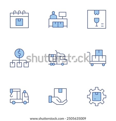 Logistics icons set. Line Duotone style, editable stroke. pick, logistics, logistic, shipping, value chain, fragile, tow truck, trolley.