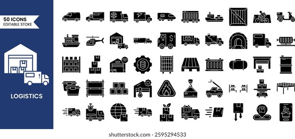 Logistics icons set in solid style. Containing distribution, shipping, transportation, delivery, cargo, packages, corporation, export and import and more. Vector illustration