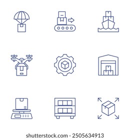 Logistics icons set. Thin Line style, editable stroke. parachute, package, cargo ship, drone delivery, production, warehouse, scale, shelf, distribution.