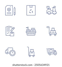 Logistics icons set. Thin Line style, editable stroke. requirement, clipboard, truck, recycling, scooter, container, trolley, delivery truck.