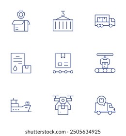 Logistics icons set. Thin Line style, editable stroke. insurance, logistics, ship, container, delivery truck, logistic, drone.