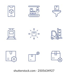 Logistics icons set. Thin Line style, editable stroke. filter, machinery, out of stock, app, conveyor belt, train, distribution, production, duct tape.