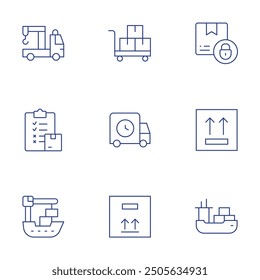 Logistics icons set. Thin Line style, editable stroke. ferry, box, ship, inventory, delivery truck, side up, delivery box, tow truck, trolley.