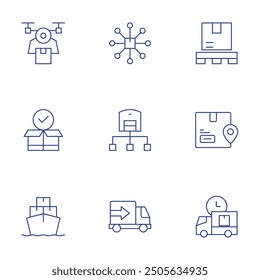 Logistics icons set. Thin Line style, editable stroke. drone, logistic, box, hub, cargo ship, delivery truck, package, location, delivery time.