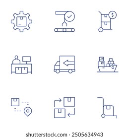 Logistics icons set. Thin Line style, editable stroke. logistics, logistic, truck, ship, shipping, renewable, trolley.