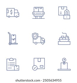 Logistics icons set. Thin Line style, editable stroke. delivery, approve, weighing scale, delivery cart, truck, freight, conveyor, padlock.