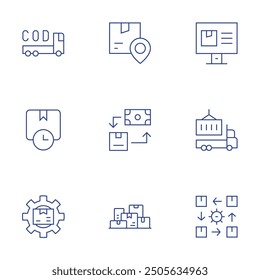 Logistics icons set. Thin Line style, editable stroke. cash on delivery, shipping time, package, tracking, boxes, rotation, truck.