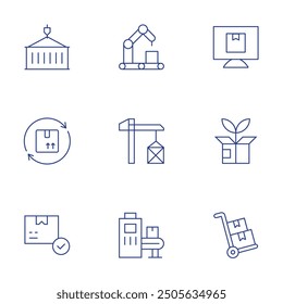 Logistics icons set. Thin Line style, editable stroke. approved, conveyor, trolley, cargo, cargo crane, green logistics, container, computer.