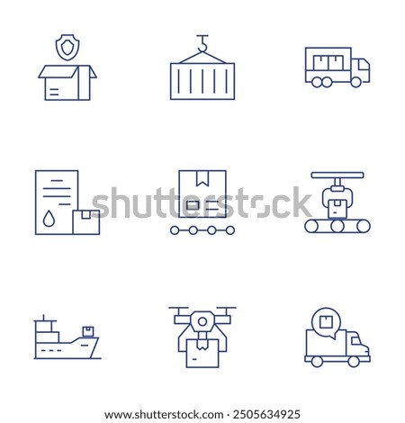 Logistics icons set. Thin Line style, editable stroke. insurance, logistics, ship, container, delivery truck, logistic, drone.
