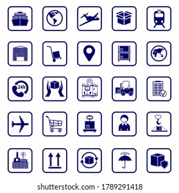Logistics icons. Set icons transport and logistics in blue.  Warehouse and shipping equipment. Icons vector for your web site design, logo, app, UI. EPS10.