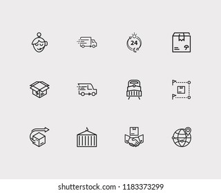 Logistics icons set. Logistics and logistics icons with van, delivery network and delivery box. Set of lift for web app logo UI design.