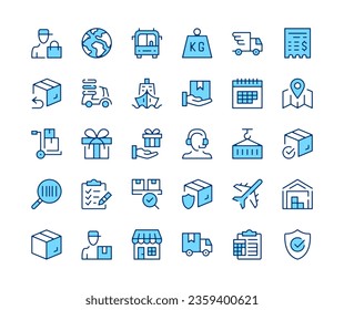 Logistics icons set. Vector line icons. Blue color outline stroke symbols. Modern concepts