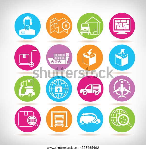 logistics icons, shipping icons, colorful circle
buttons set