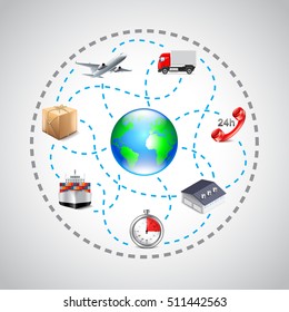 Logistics icons in sphere connected with dotted lines vector background