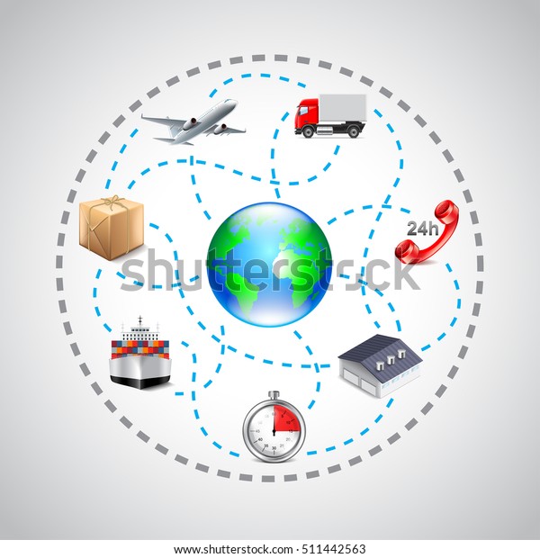 Logistics icons in sphere connected with\
dotted lines vector\
background