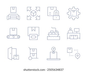 Logistics icons. Thin Line style, editable stroke. weighing scale, logistics, conveyor belt, logistic, delivery, shipping, freight, extendable, cash on delivery, trolley, padlock.