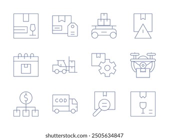 Logistics icons. Thin Line style, editable stroke. logistics, tracking number, warehouse, forklift, delivery box, cash on delivery, fragile, shipping, drone delivery, value chain.