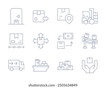 Logistics icons. Thin Line style, editable stroke. distribution, shipment, logistics, conveyor belt, truck, secure, cash on delivery, boxes.