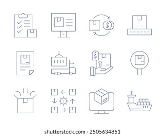 Logistics icons. Thin Line style, editable stroke. package, delivery, inspection, cargo ship, clipboard, cash on delivery, product, tracking, rotation, truck.