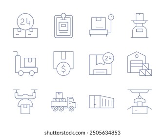 Logistics icons. Thin Line style, editable stroke. distribution, box, logistics, container, invest, hours, scale, trolley, warehouse, drone delivery, packaging, clipboard.