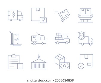 Logistics icons. Thin Line style, editable stroke. delivery, approve, fragile, logistics, container, delivery cart, truck, trolley, pickup truck, cash on delivery, conveyor.