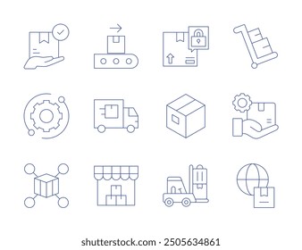 Iconos de logística. Estilo de línea delgada, carrera editable. caja de entrega, caja, carretilla elevadora, distribución, entrega, transportador, logística, comercio, Asistencia técnica, gestión de productos.