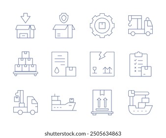 Iconos de logística. Estilo de línea delgada, carrera editable. grúa, ferry, seguro, logística, barco, producto, inventario, Configuraciones, caja de entrega, este lado hacia arriba, camión de remolque.