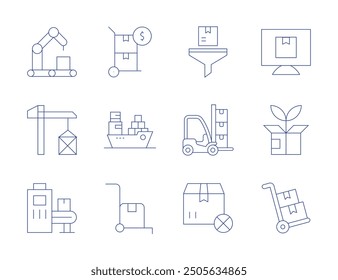 Logistics icons. Thin Line style, editable stroke. conveyor, trolley, logistics, ship, cargo crane, green logistics, filter, machinery, out of stock, computer.