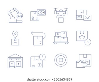 Logistics icons. Thin Line style, editable stroke. cash on delivery, delivery box, return, time, error, location, robotic arm, package, stock, packages, drone delivery.