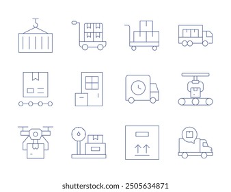 Logistics icons. Thin Line style, editable stroke. box, container, delivery truck, logistics, logistic, drone, trolley, delivery, scale.