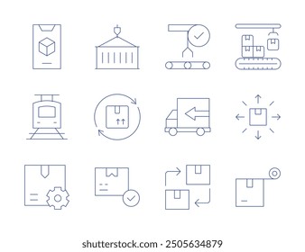 Logistics icons. Thin Line style, editable stroke. approved, logistic, truck, renewable, cargo, app, conveyor belt, train, distribution, production, duct tape, container.