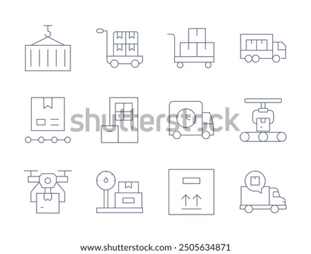 Logistics icons. Thin Line style, editable stroke. box, container, delivery truck, logistics, logistic, drone, trolley, delivery, scale.