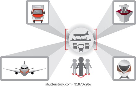 Logistics Icons. Truck, Car, Cargo Ship And Aircraft. Logistics Scheme. Logistics Optimization. Fleet Management
