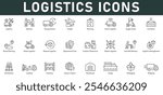 Logistics Icons vector illustration with thin line editable stroke containing delivery transportation freight planning supply chain container shipping cargo warehouse inventory loading