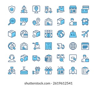 Logistics icons. Vector line icon set. Modern outline design. Blue concept