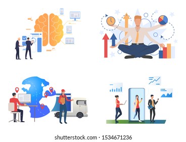 Logistics illustration set. People analyzing graphs, using computer at globe with pointers and truck. Business concept. Vector illustration for landing pages, presentation slide templates