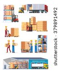 Logistics illustrations collection. Warehouse center, loading trucks, forklifts and workers. Modern flat style vector illustration isolated on white background.