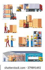 Logistics illustrations collection. Warehouse center, loading trucks, forklifts and workers. Modern flat style vector illustration isolated on white background.