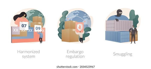 Logistics industry abstract concept vector illustration set. Harmonized System, embargo regulation, smuggling, import and export, HTS code, trading ban, illegal goods transportation abstract metaphor.