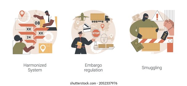 Conjunto de ilustraciones vectoriales de concepto abstracto de la industria logística. Sistema Armonizado, reglamentación del embargo, contrabando, importación y exportación, código HTS, prohibición del comercio, metáfora abstracta del transporte de mercancías ilícitas.