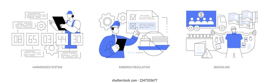 Logistics industry abstract concept vector illustration set. Harmonized System, embargo regulation, smuggling, import and export, HTS code, trading ban, illegal goods transportation abstract metaphor.