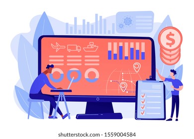Logistics industry and freight profit analyzing. Supply chain analytics, transportation providers data, transportation costs optimization concept. Pinkish coral bluevector isolated illustration