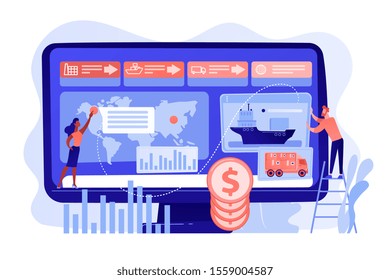 Logistics industry and freight profit analyzing. Supply chain analytics, transportation providers data, transportation costs optimization concept. Pinkish coral bluevector isolated illustration