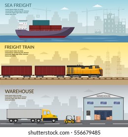 Logistics infographic elements and transportation concept vector web banners of train, cargo ship, Air cargo trucking Freight Storage export goods